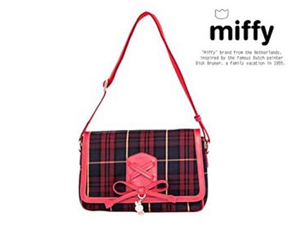 Miffy米菲 經典格紋系列-斜側包(魔力紅)
