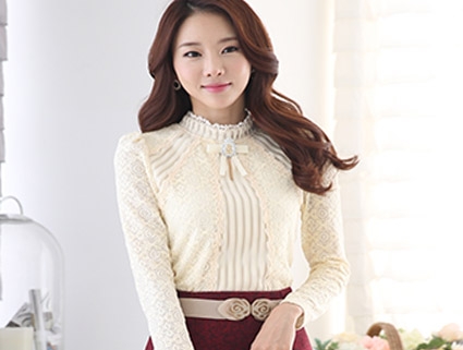 韓版秋冬SGMA484大碼修身加絨加厚蕾絲衫 打底衫