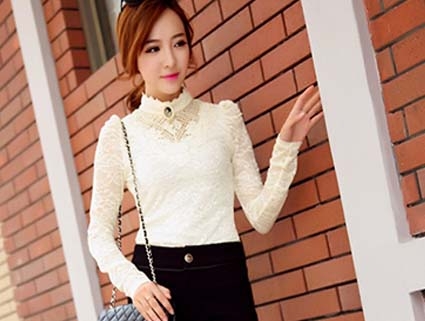 韓版冬裝SGMA494加絨加厚蕾絲長袖打底衫 高領蕾絲衫